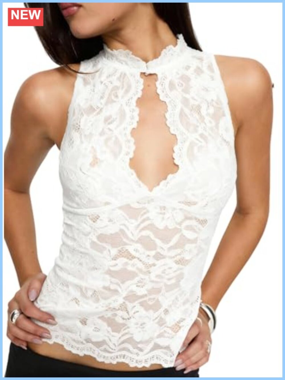 Sheer Lace Tank Top Sleeveless Keyhole Cut Out Crop Top Coquette Fitted Blouse